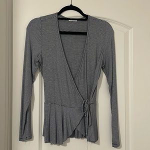 Faux wrap peplum navy blue and white stripe top